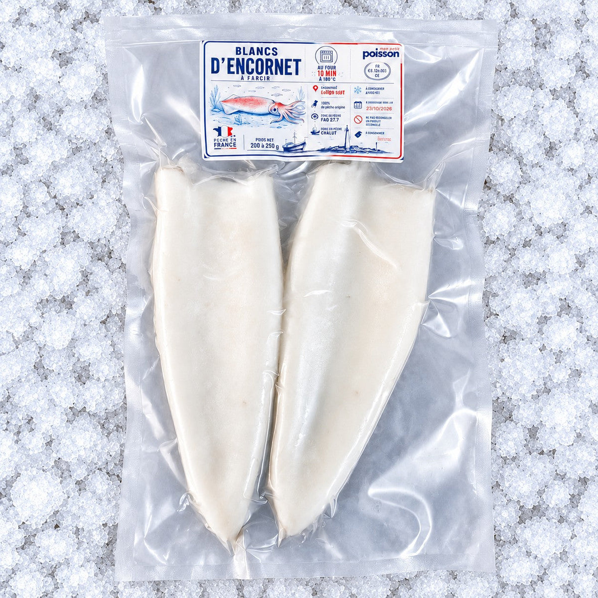 Blancs d’encornet à farcir sous vide sur fond de glace pilée