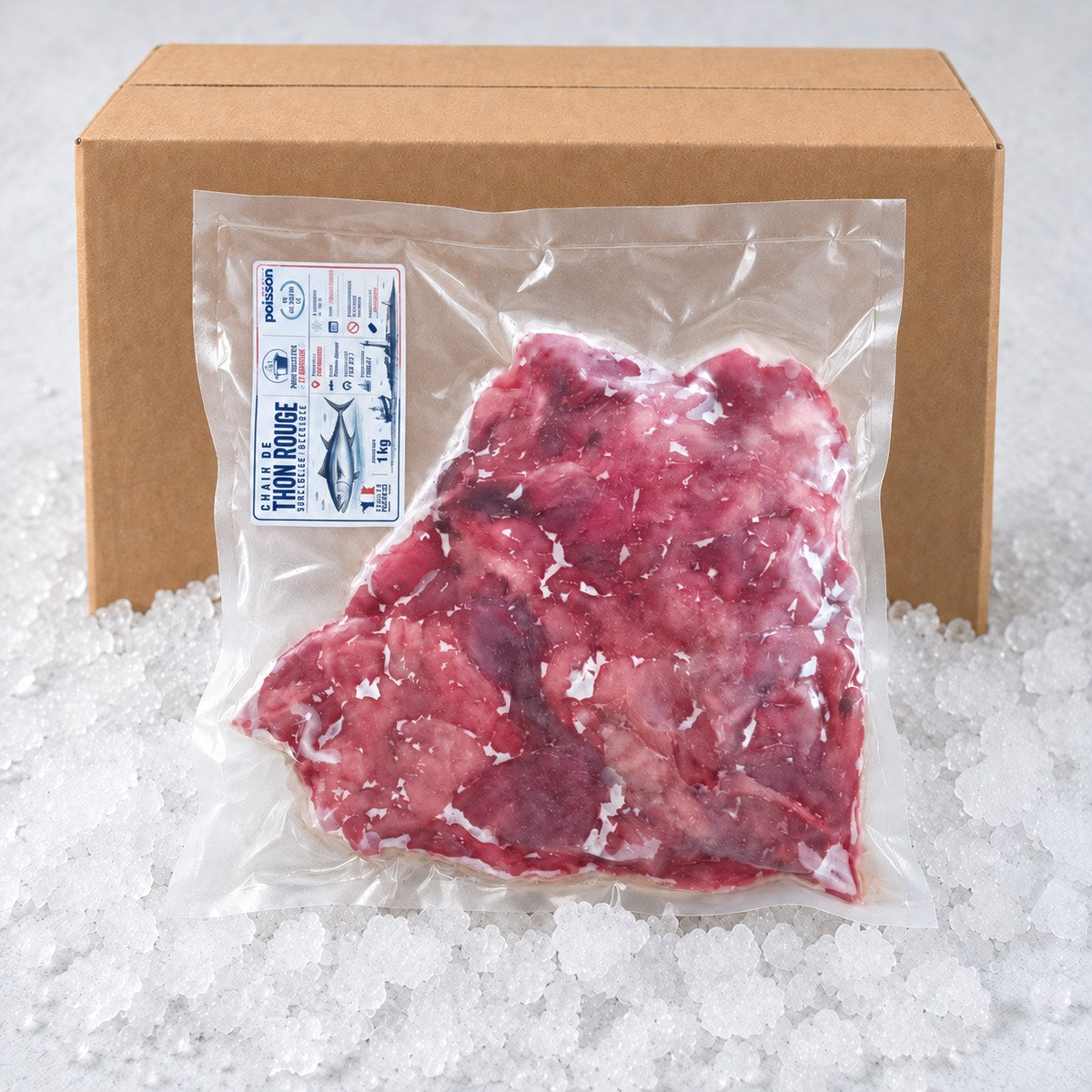 Chair de thon rouge, sachet étiqueté de 1 kg sur glace pilée