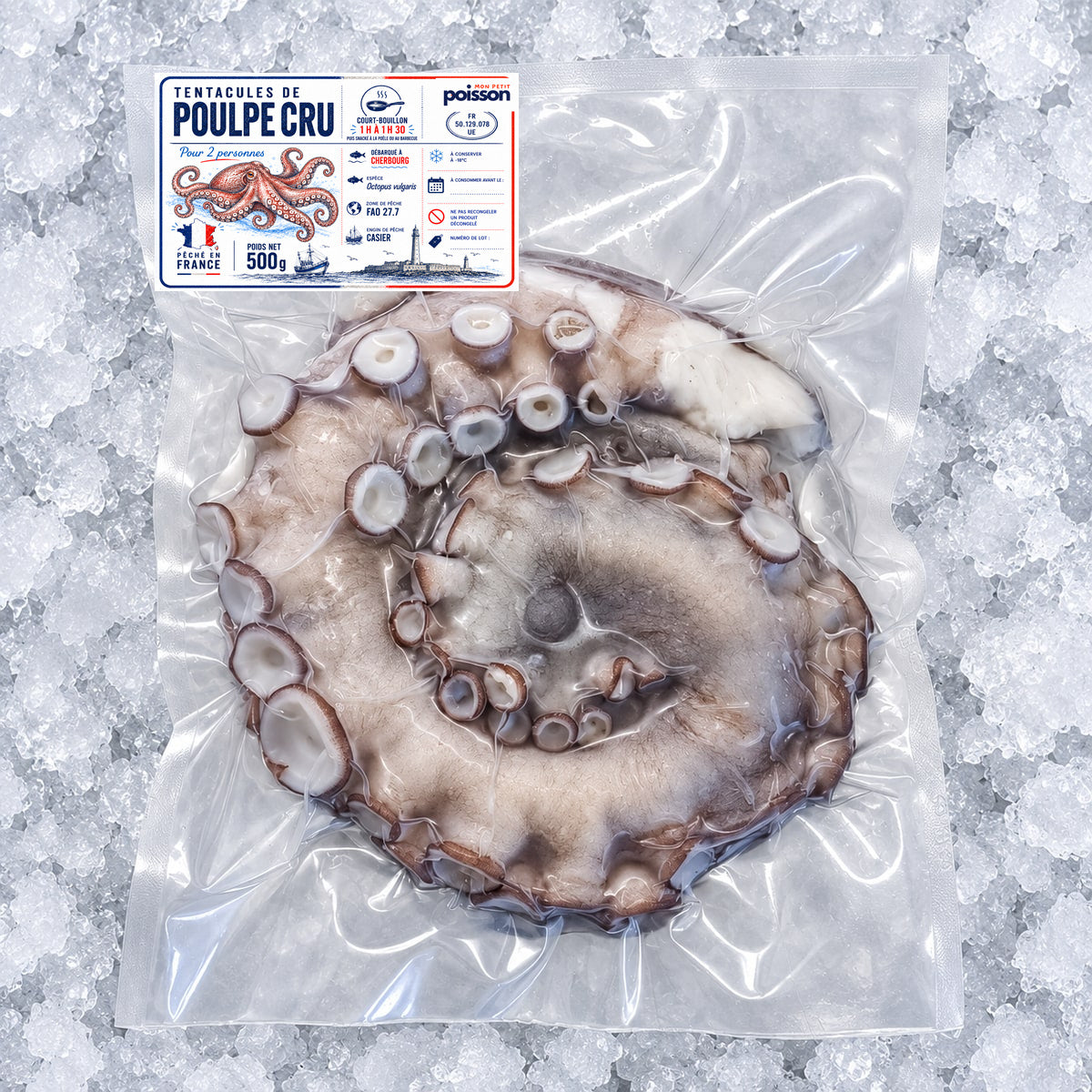 Tentacules de poulpe crues 500 g sous vide, étiquette corrigée